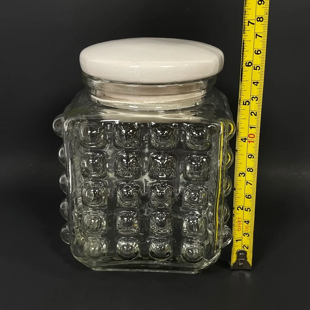 Vintage Hobnail Glass Apothecary Canister Jar Clear Square Ceramic Lid MCM Retro